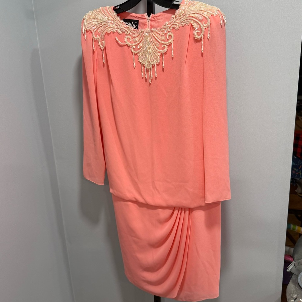 Ursula of Switzerland Vintage Pink Long Sleeve Dress Beaded Accents, size 10